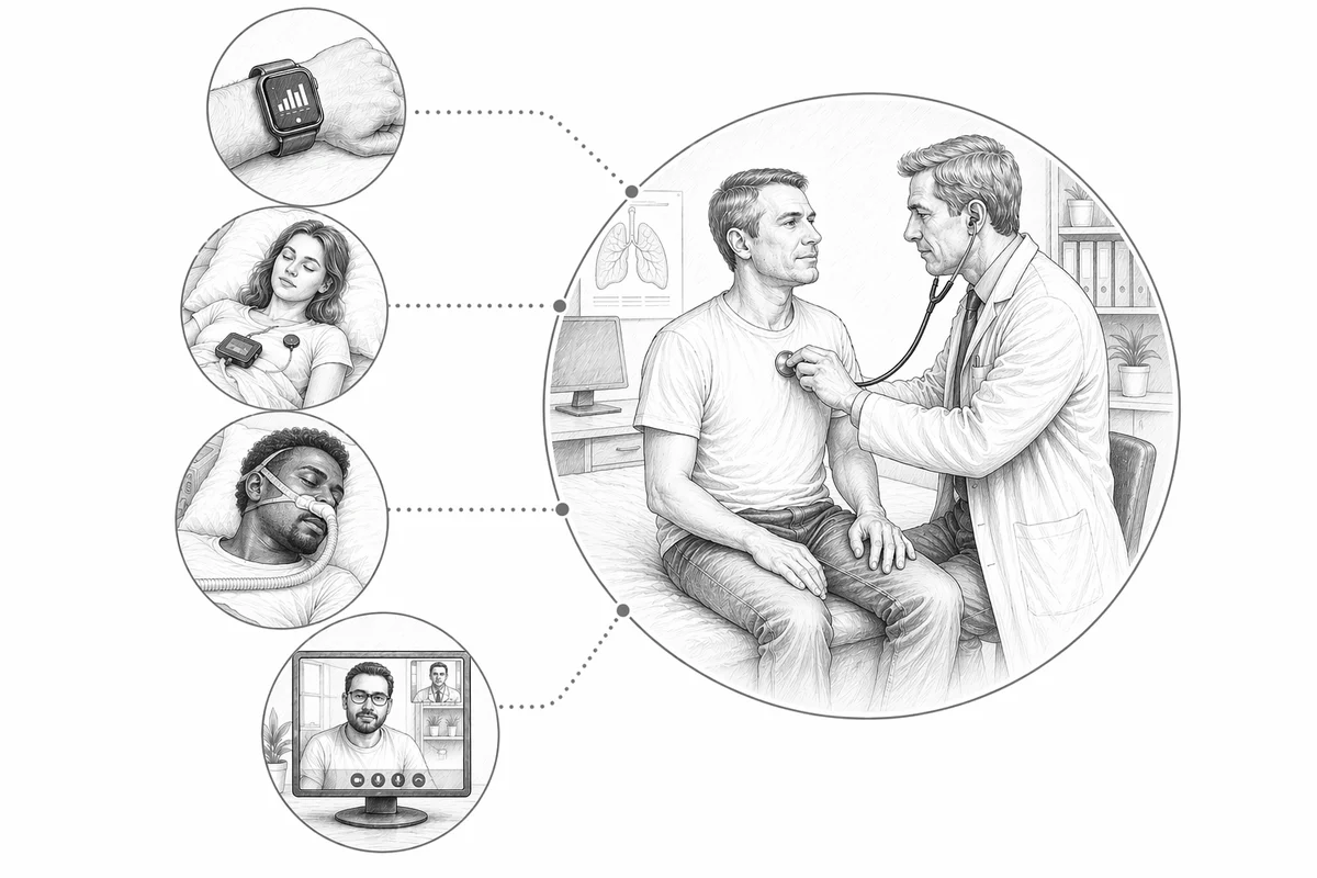 Ablauf der hybriden Schlafmedizin: Messung zu Hause, CPAP, Videosprechstunde und Untersuchung in der Praxis